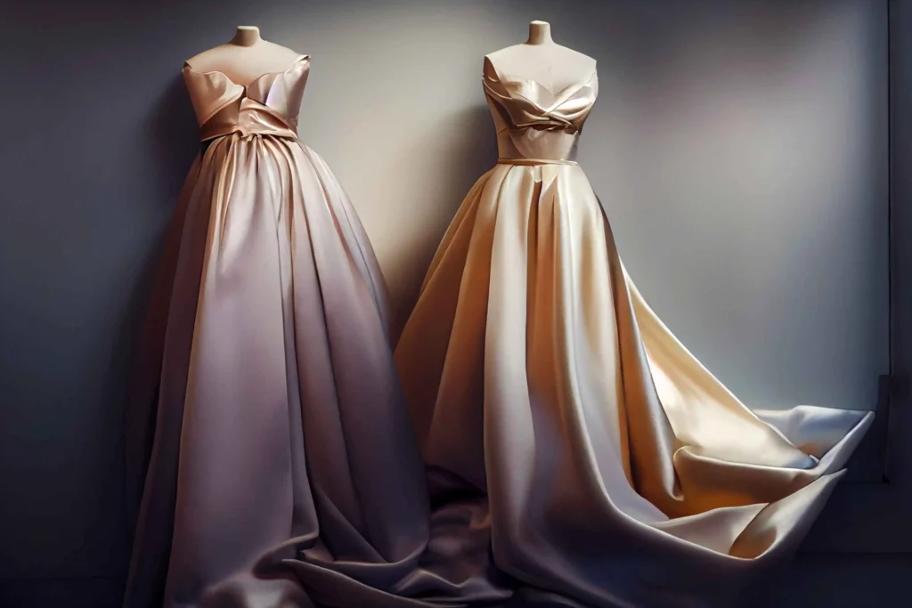 Two elegant satin dresses displayed on mannequins, featuring structured bodices and flowing floor-length skirts in soft neutral tones.