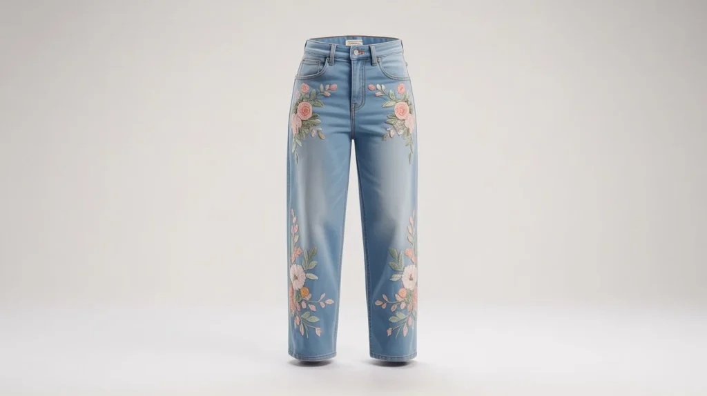 Floral Embroidered High-Waist Blue Jeans