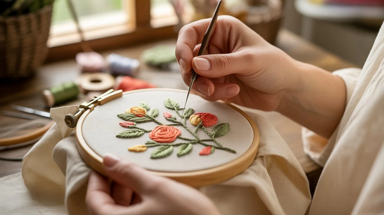 How to embroider any design on clothing by hand with colorful floral embroidery created using needle, thread, and embroidery hoop
