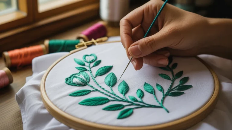 How to embroider any design on clothing by hand with green floral embroidery stitched on fabric using a needle and embroidery hoop