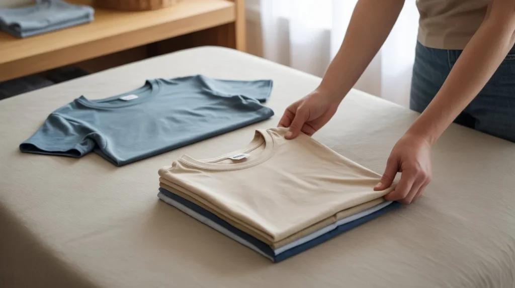 How to Fold T Shirts? Person neatly folding and stacking t-shirts on a bed using an easy folding method