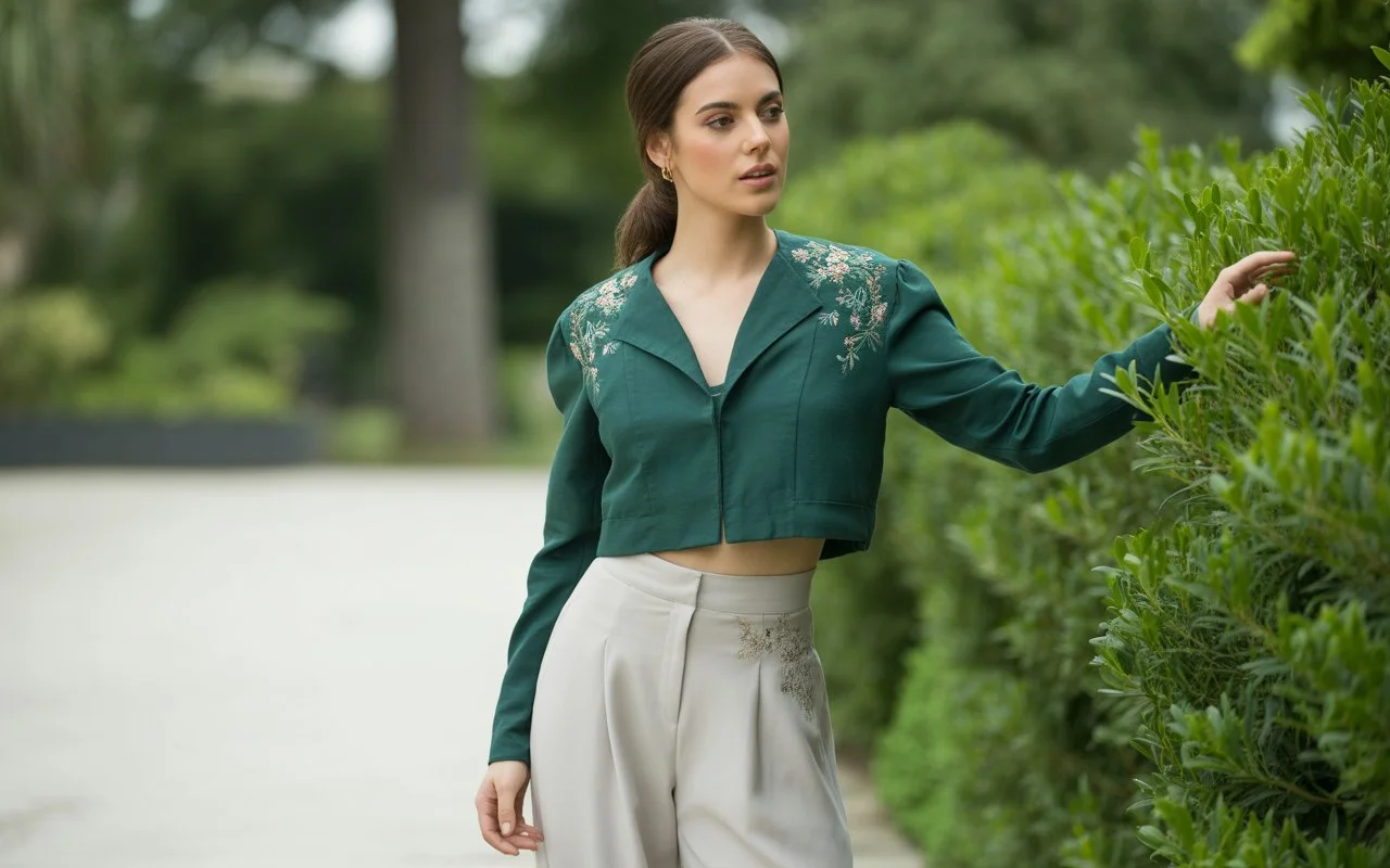 What jackets are in fashion for women – a woman wearing a cropped forest green embroidered jacket styled with high-waisted cream trousers in a garden setting