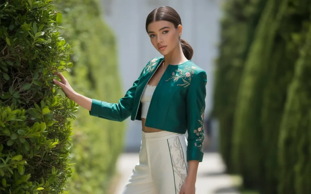 What jackets are in fashion for women – a stylish woman wearing a cropped emerald green embroidered jacket paired with high-waisted white trousers in a garden setting