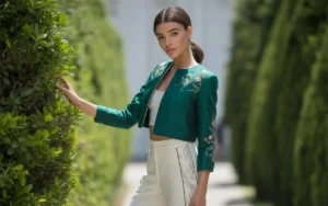 What jackets are in fashion for women – a stylish woman wearing a cropped emerald green embroidered jacket paired with high-waisted white trousers in a garden setting