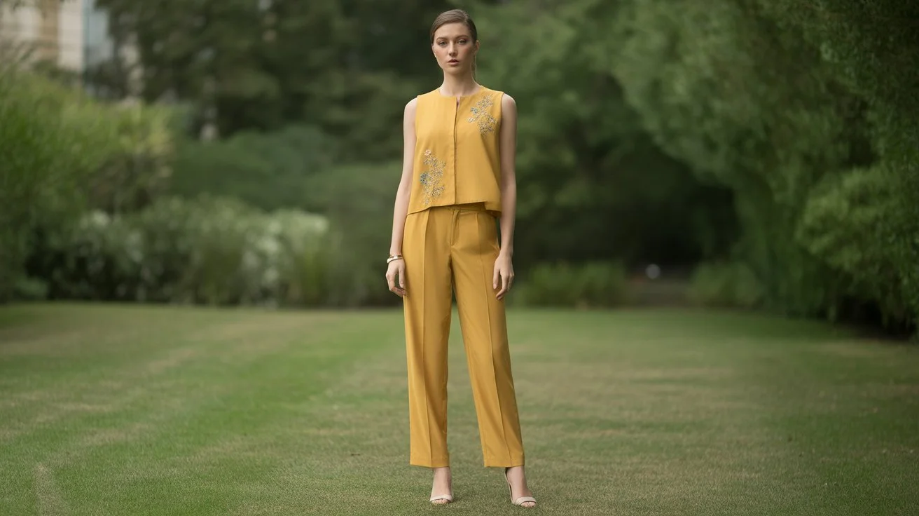 Are co-ord sets in fashion shown through a floral embroidered mustard co-ord set for women