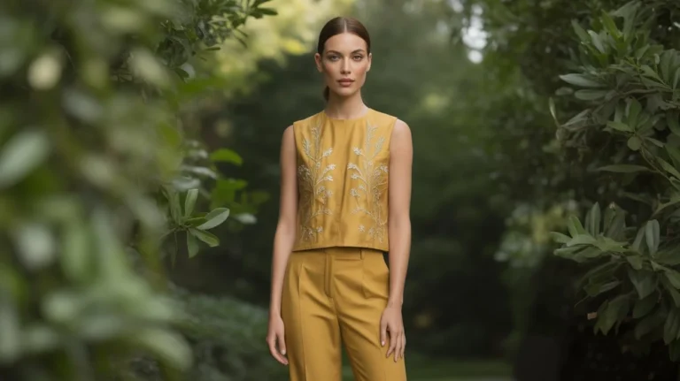 Are co-ord sets in fashion featuring a mustard embroidered sleeveless top and matching pants worn outdoors